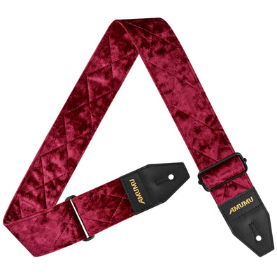 AMUMU Velvet Deluxe Guitar Strap β Burgundy Crystal Velvet with Top Grain Leather Ends, 2" Wide, Adjustable for Acoustic, Electric & Bass Guitars VL-LUX-BUR-R